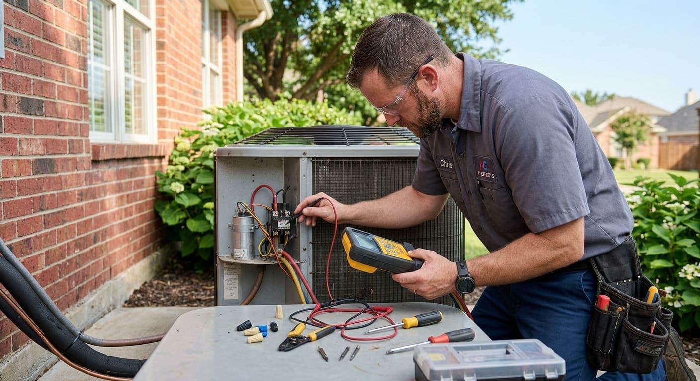 Technician testing an outdoor AC condenser unit with a multimeter